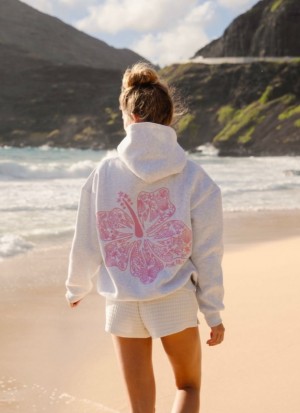 Women Pink Palm Puff Hawaii Hibiscus Hoodie Hoodies Grey | US GA797749D3