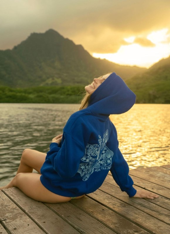 Women Pink Palm Puff Hawaii Hibiscus Hoodie Hoodies Blue | US VB872097J5