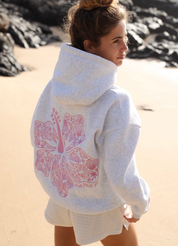 Women Pink Palm Puff Hawaii Hibiscus Hoodie Hoodies Grey | US GA797749D3