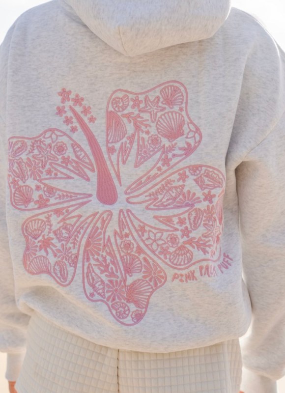 Women Pink Palm Puff Hawaii Hibiscus Hoodie Hoodies Grey | US GA797749D3