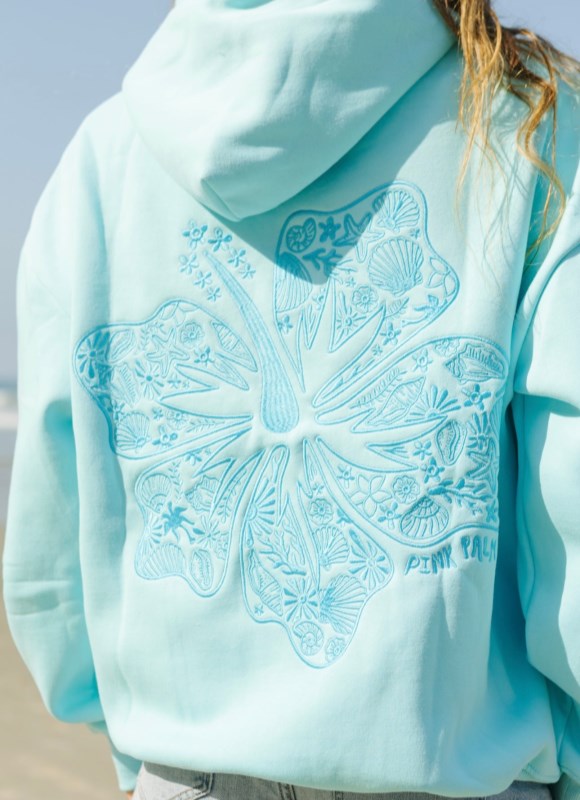 Women Pink Palm Puff Hawaii Hibiscus Hoodie Hoodies Turquoise | US YT656585Z3