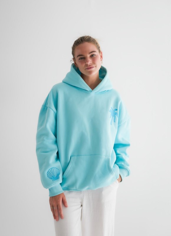 Women Pink Palm Puff Hawaii Hibiscus Hoodie Hoodies Turquoise | US YT656585Z3