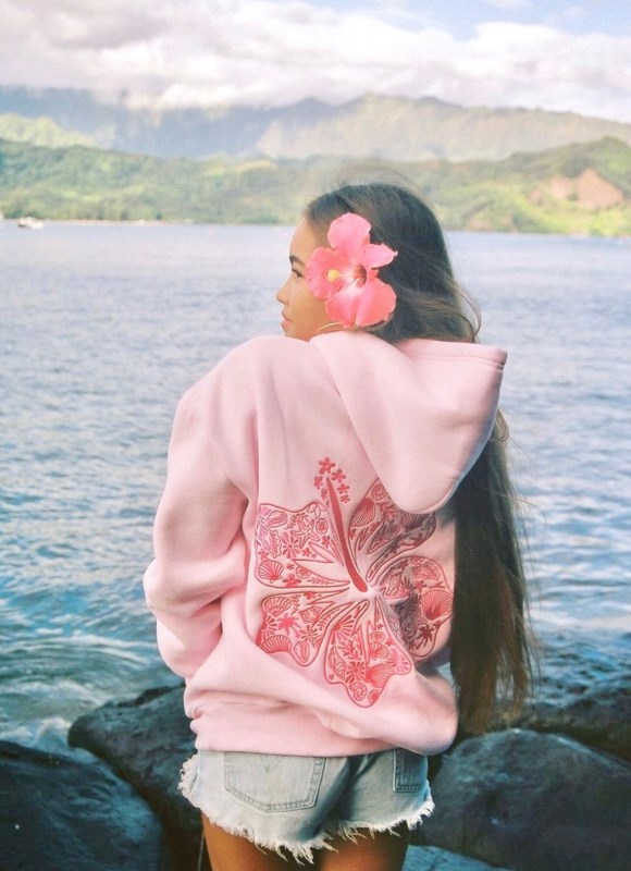 Women Pink Palm Puff Hawaii Hibiscus Hoodie Hoodies Blush | US TZ244154Y0