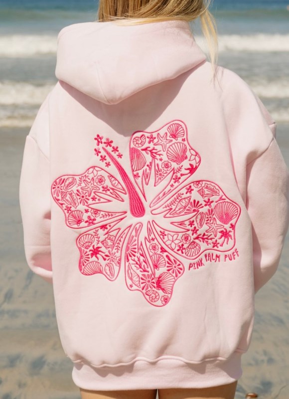 Women Pink Palm Puff Hawaii Hibiscus Hoodie Hoodies Blush | US TZ244154Y0