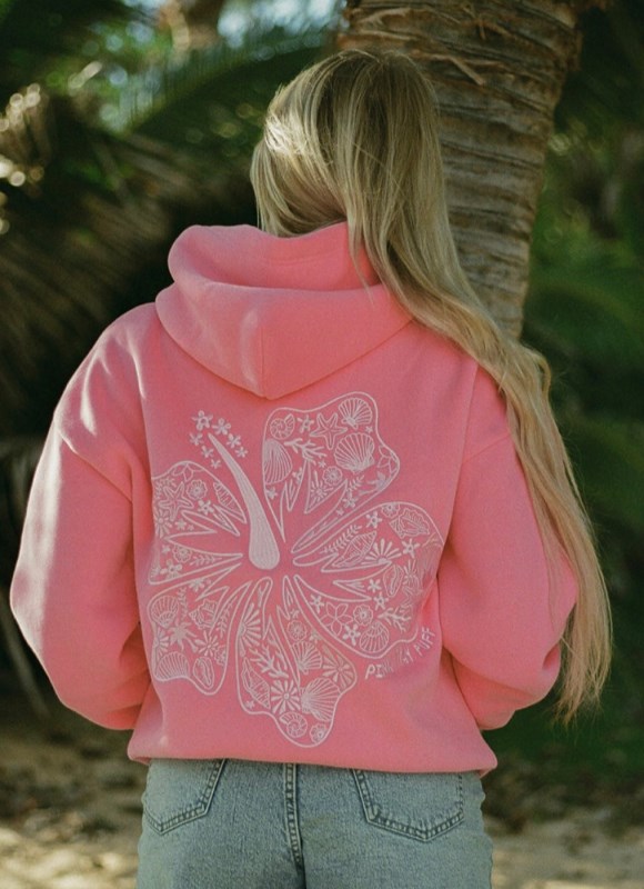 Women Pink Palm Puff Hawaii Hibiscus Hoodie Hoodies Sonic Pink | US ZZ932163K9