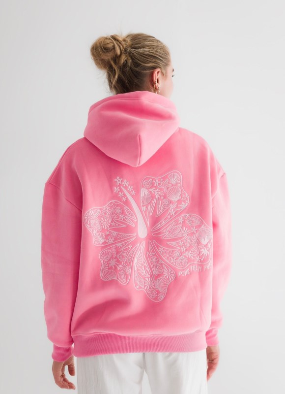 Women Pink Palm Puff Hawaii Hibiscus Hoodie Hoodies Sonic Pink | US ZZ932163K9