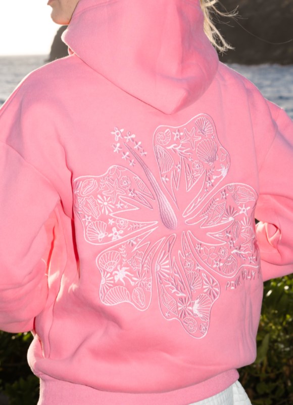 Women Pink Palm Puff Hawaii Hibiscus Hoodie Hoodies Sonic Pink | US ZZ932163K9